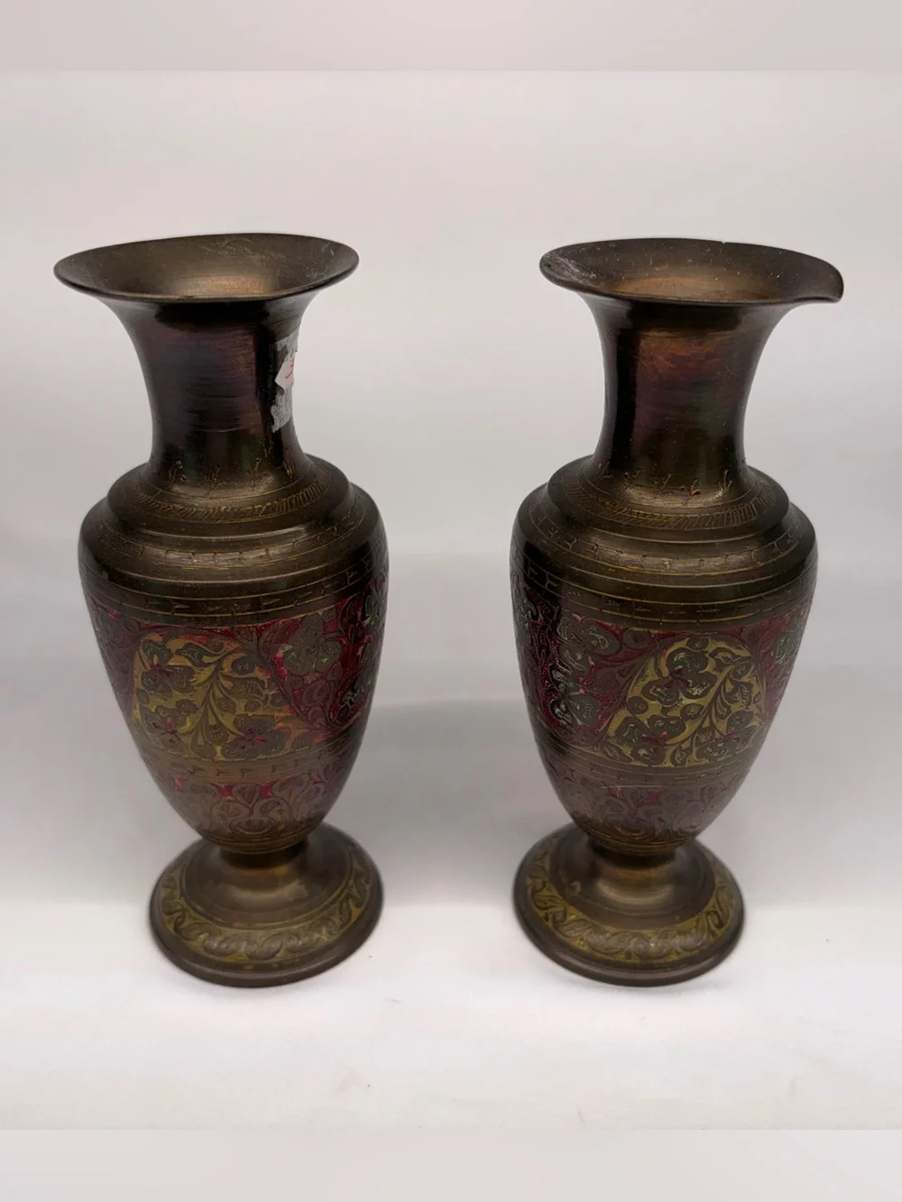 Vintage Etched Brass Enamel Floral Vases Pair Made in India Boho Decor Set of 2